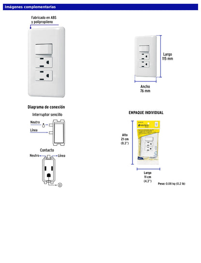 Placa armada con 2 contactos y interruptor sencillo de línea Basic