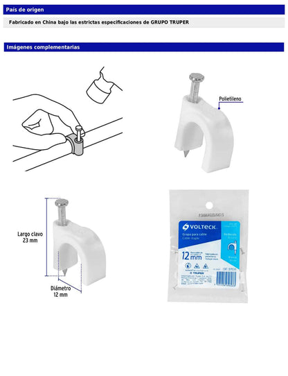 Bolsa con 20 grapas blancas de 12 mm para cable redondo