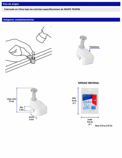 Bolsa con 20 grapas blancas de 3 × 6 mm para cable plano
