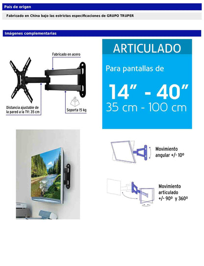 Soporte para pantallas de 14 a 40 pulgadas con movimiento angular y articulado