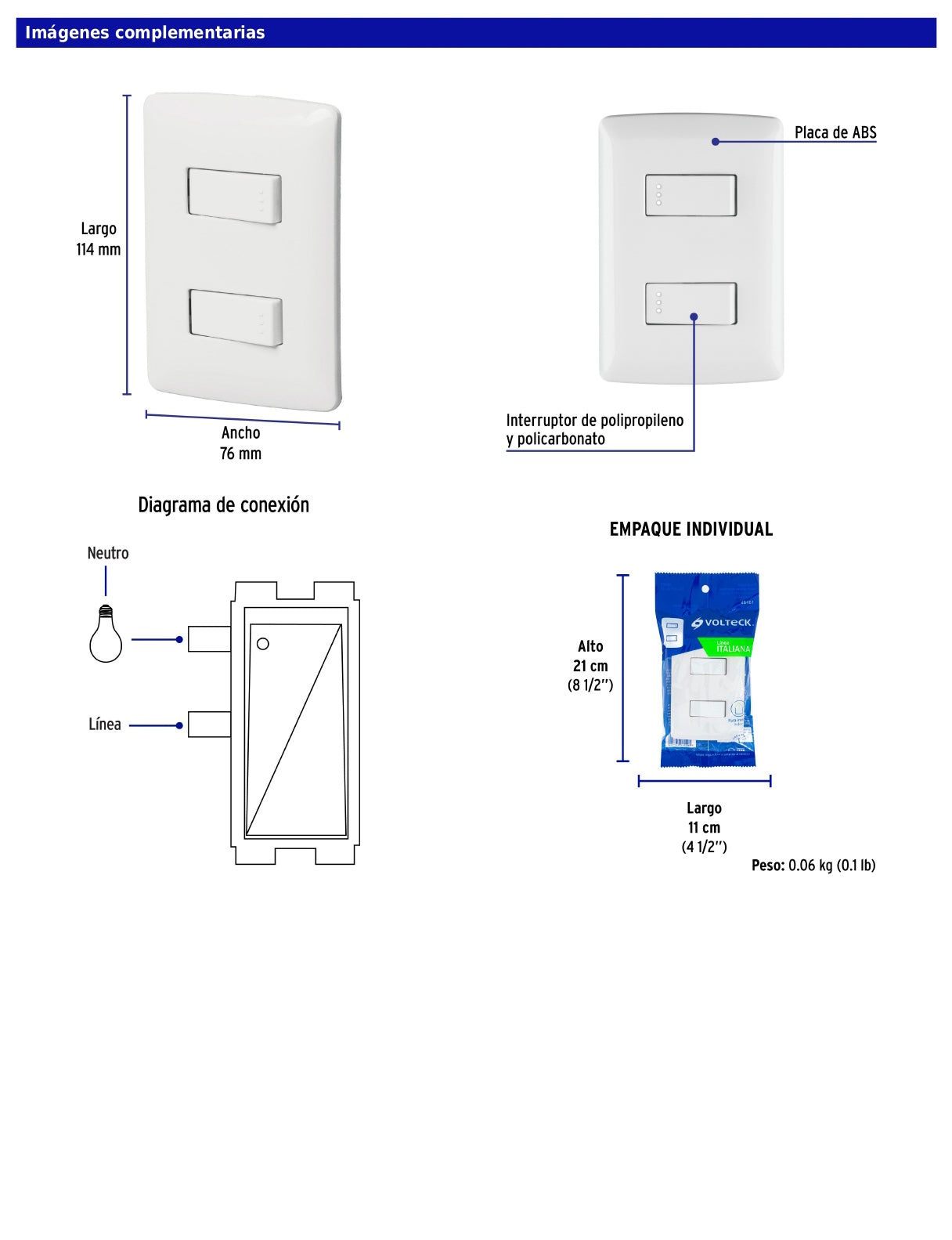 Placa armada con 2 interruptores sencillos para línea Italiana