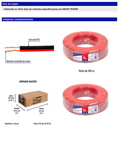 Rollo de 100 m de cable polarizado bicolor para bocina 18 AWG
