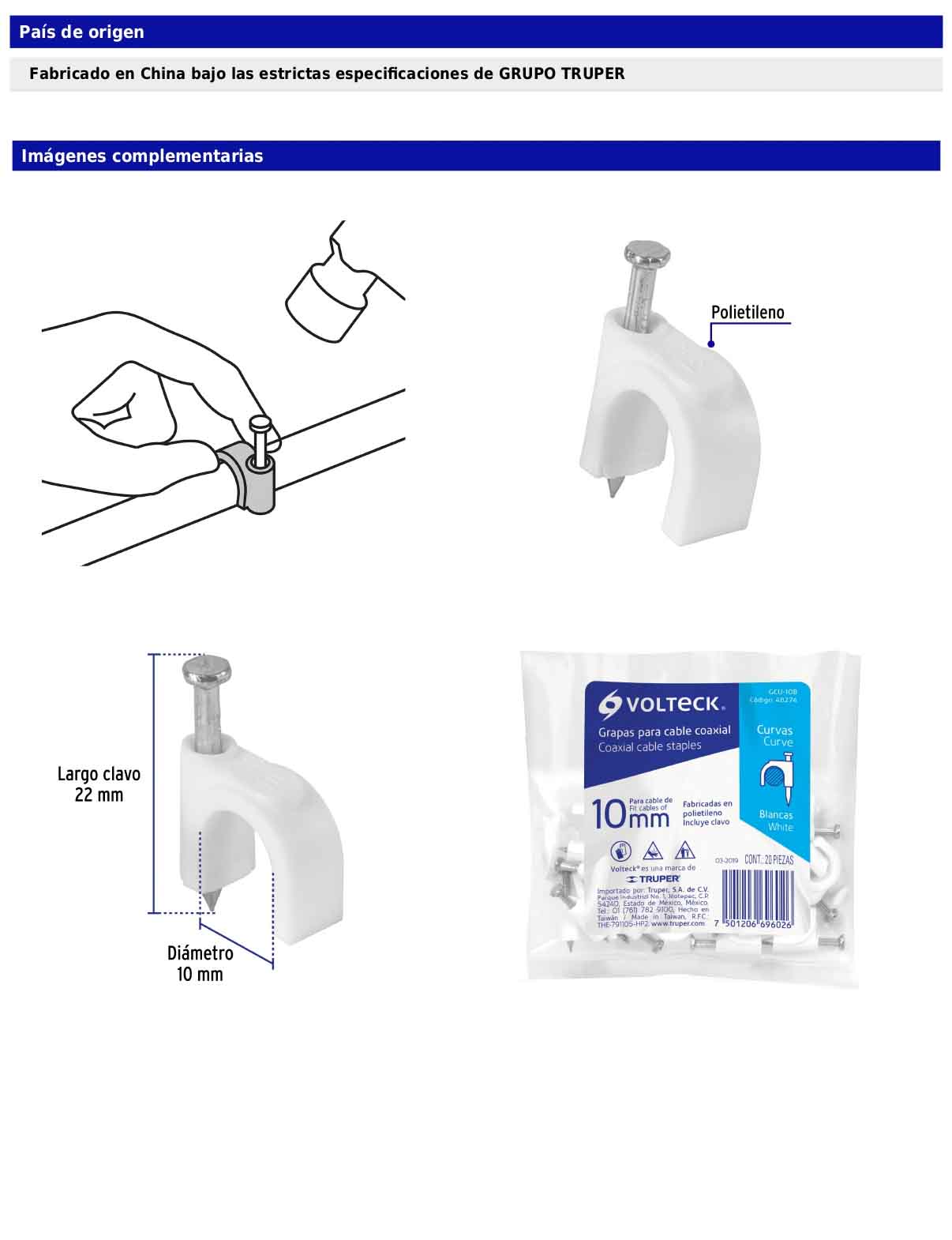 Bolsa con 20 grapas blancas de 10 mm para cable redondo