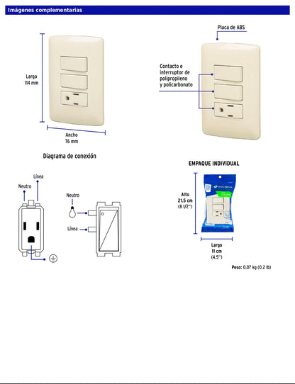 Placa armada con contacto y 2 interruptores de 127 V y 16 A con placa marfil