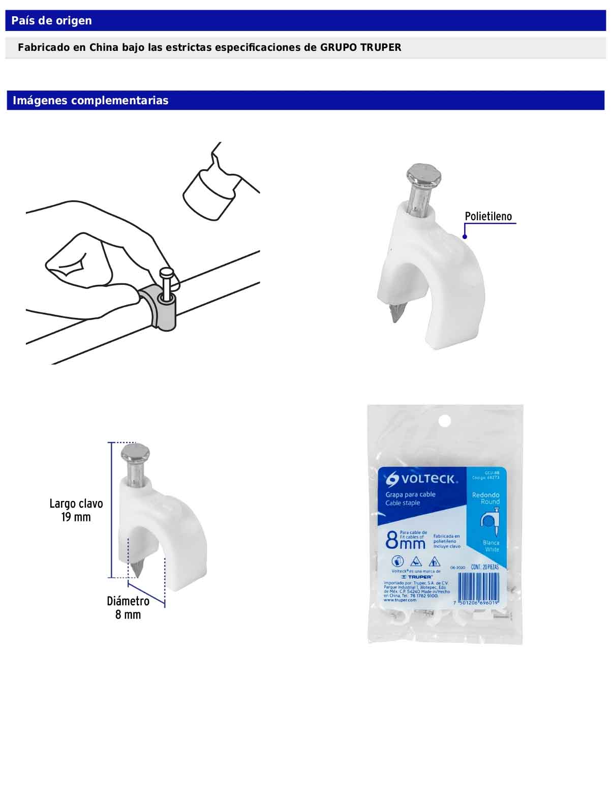 Bolsa con 20 grapas blancas de 8 mm para cable redondo
