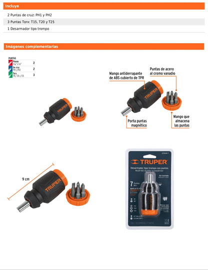 Desarmador tipo trompo con 7 puntas