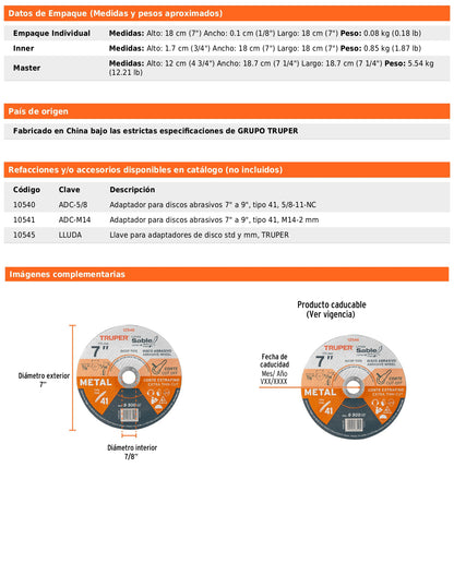 Disco Tipo 41 de 7 in para corte fino de metal