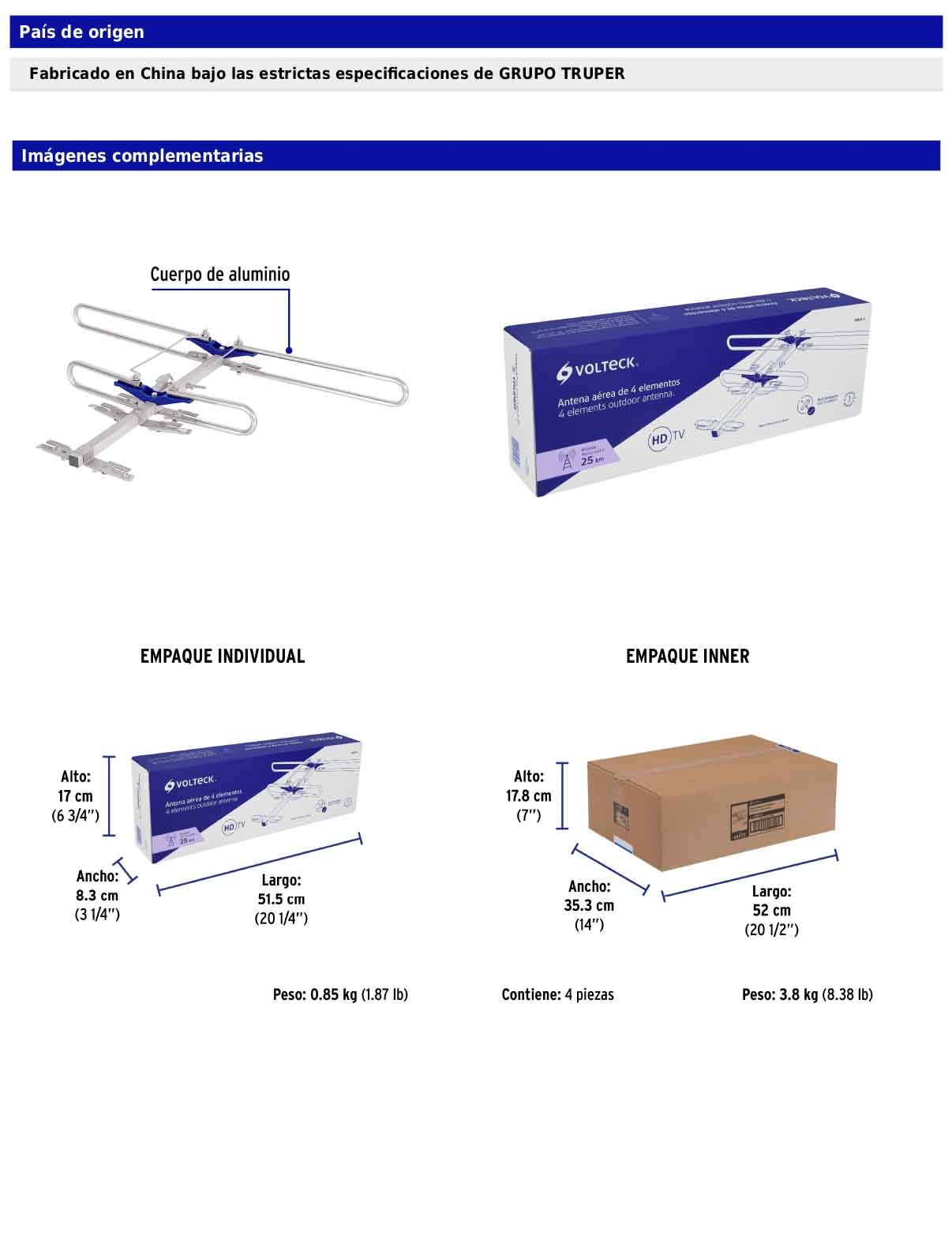 Antena aérea para HD TV de 4 elementos y 2 dB