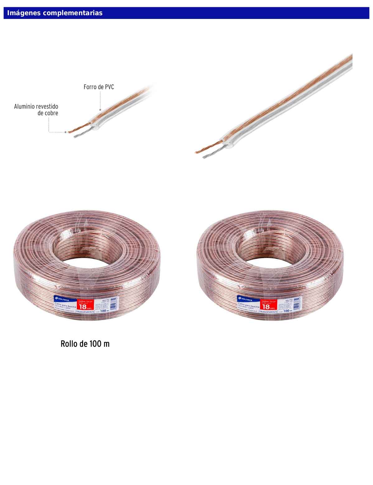 Rollo de 100 m de cable polarizado transparente para bocina 18 AWG