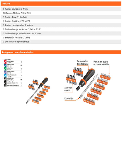 Desarmador tipo matraca con 42 puntas 14 dados y extensión