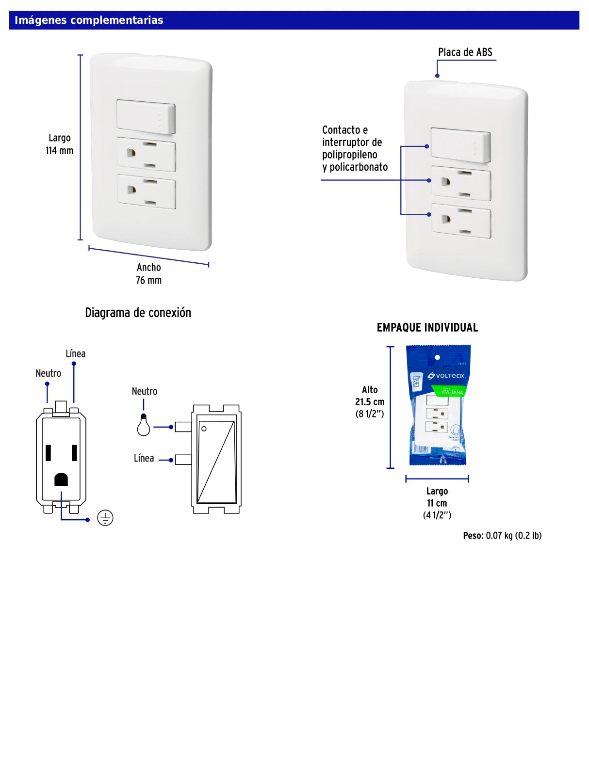 Placa armada con 2 contactos e interruptor de 127 V y 16 A con placa blanca