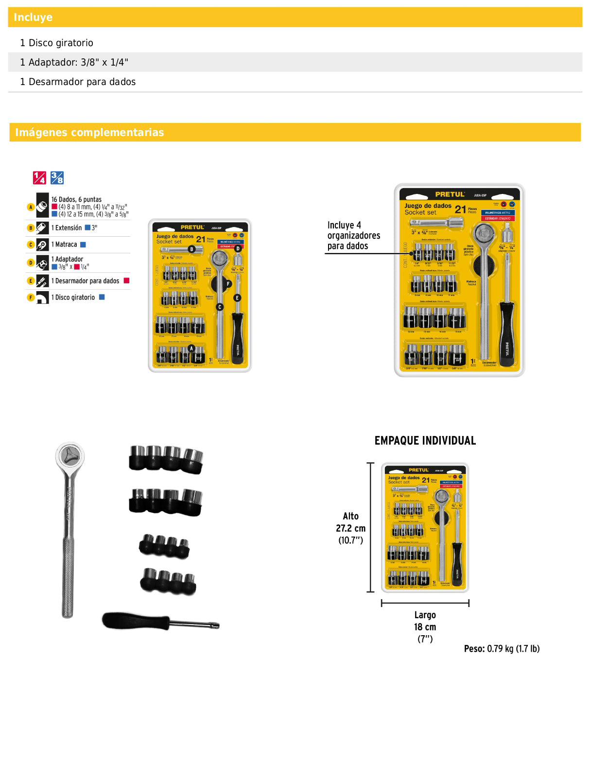 Juego de 21 herramientas mecánicas 1/4 y 3/8 en blíster