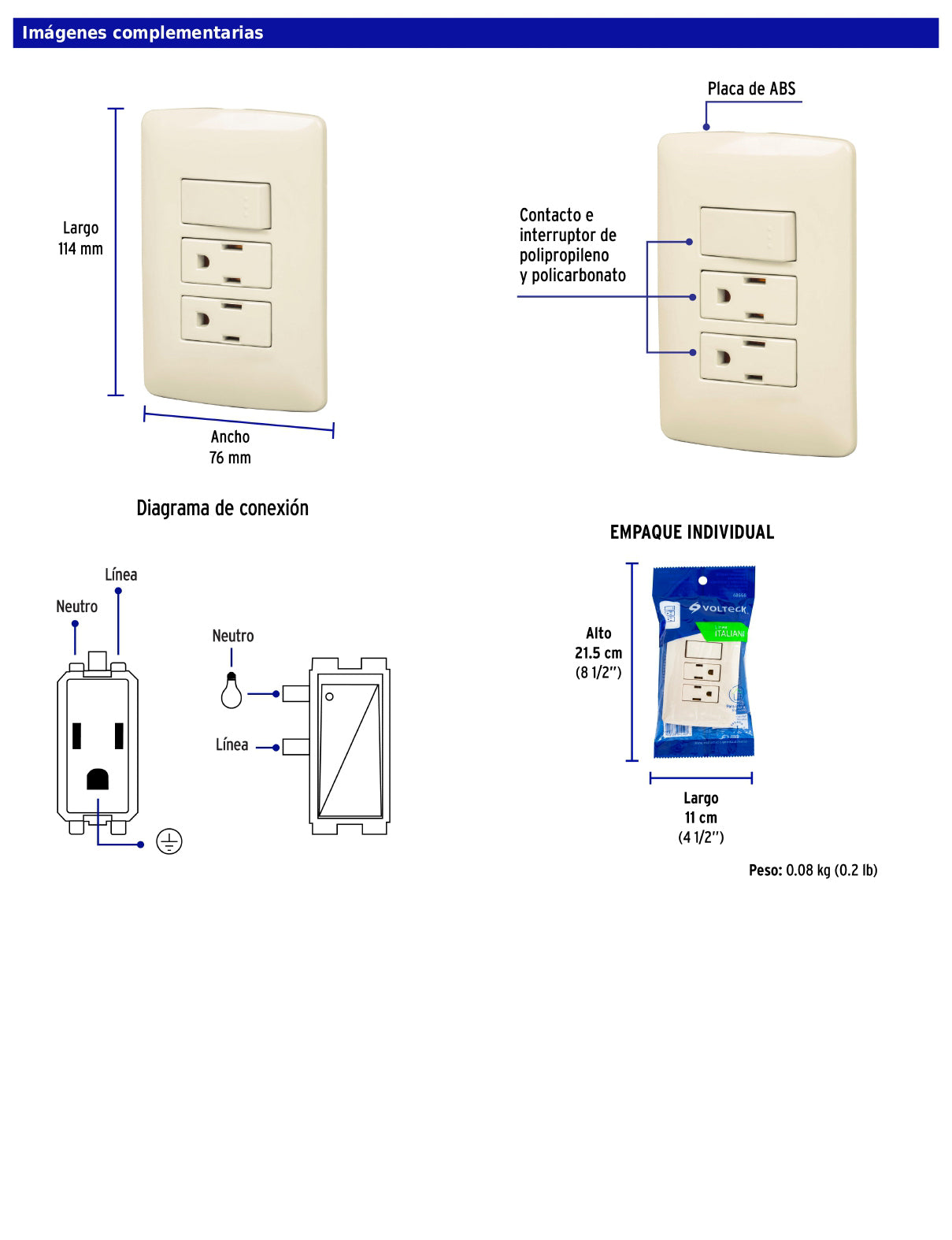 Placa armada con 2 contactos e interruptor de 127 V y 16 A con placa marfil