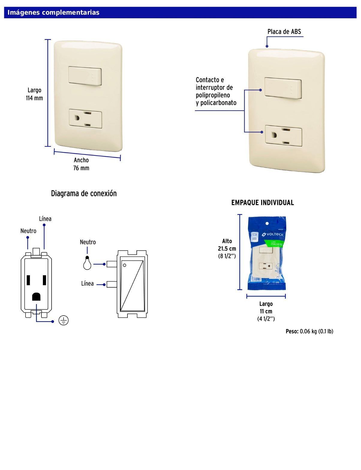 Placa armada con contacto e interruptor de 127 V y 16 A con placa marfil