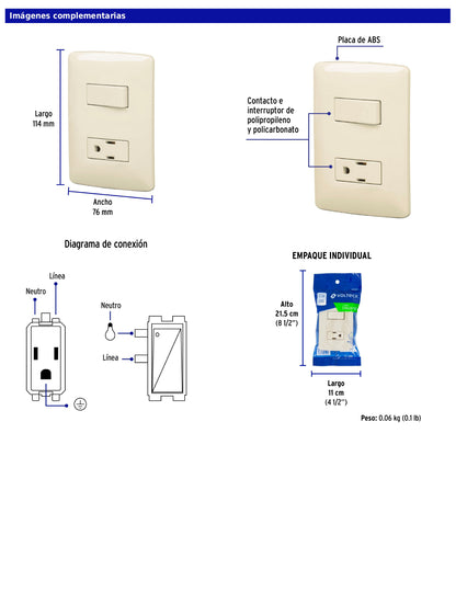 Placa armada con contacto e interruptor de 127 V y 16 A con placa marfil