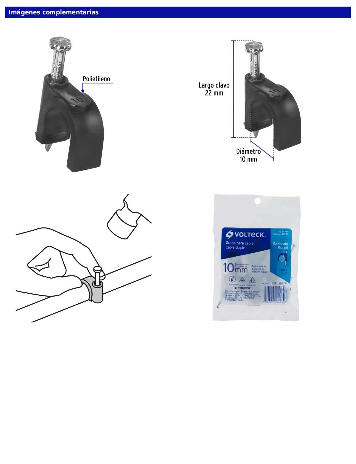 Bolsa con 20 grapas negras de 10 mm para cable redondo