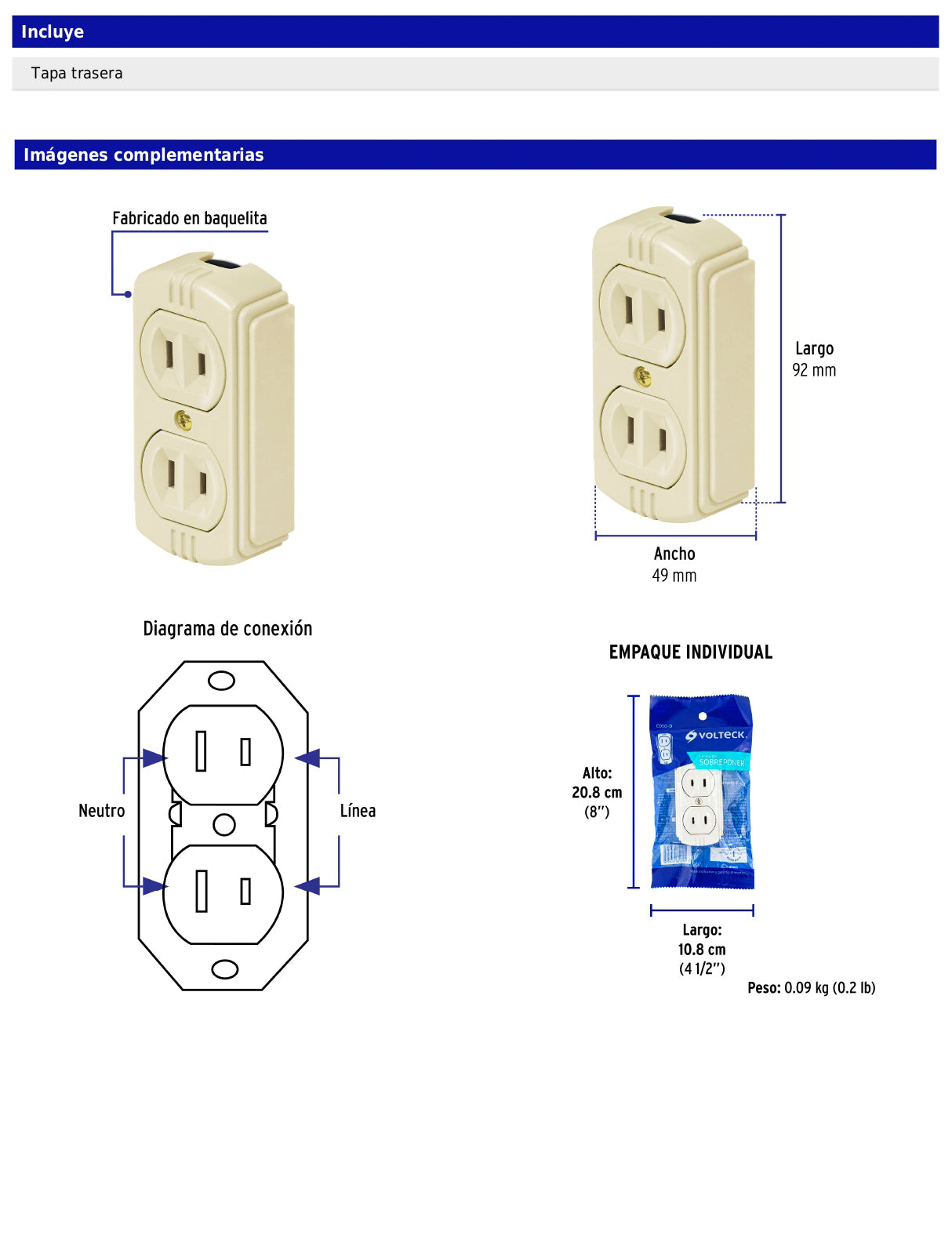 Contacto de sobreponer dúplex sin tierra