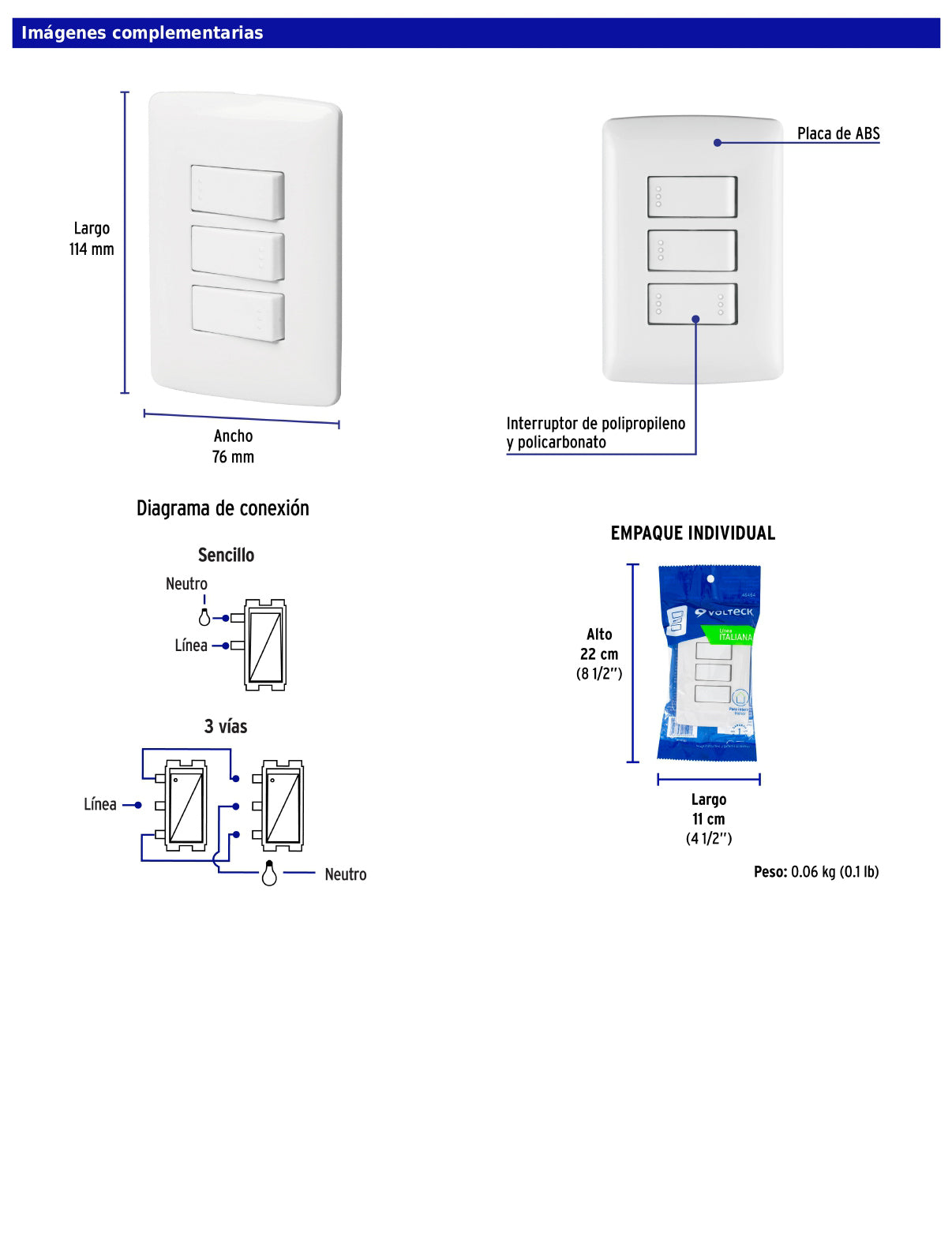 Placa armada con 2 interruptores sencillos y 1 interruptor de escalera de 125 V y 10 A con placa blanca