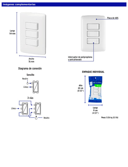 Placa armada con 2 interruptores sencillos y 1 interruptor de escalera de 125 V y 10 A con placa blanca