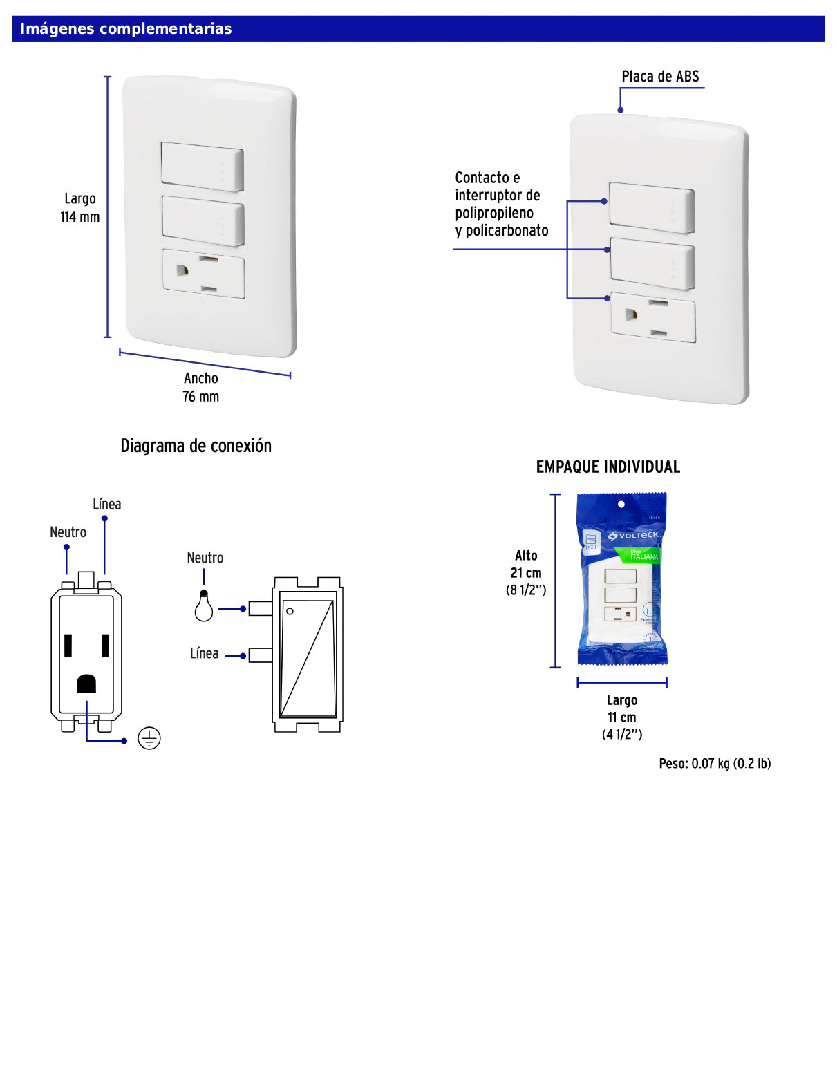 Placa armada con contacto y 2 interruptores de 127 V y 16 A con placa blanca