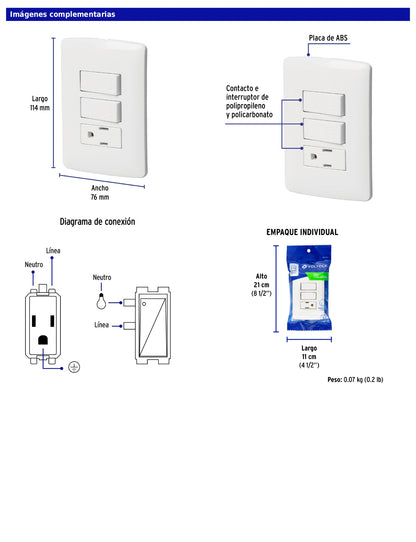 Placa armada con contacto y 2 interruptores de 127 V y 16 A con placa blanca
