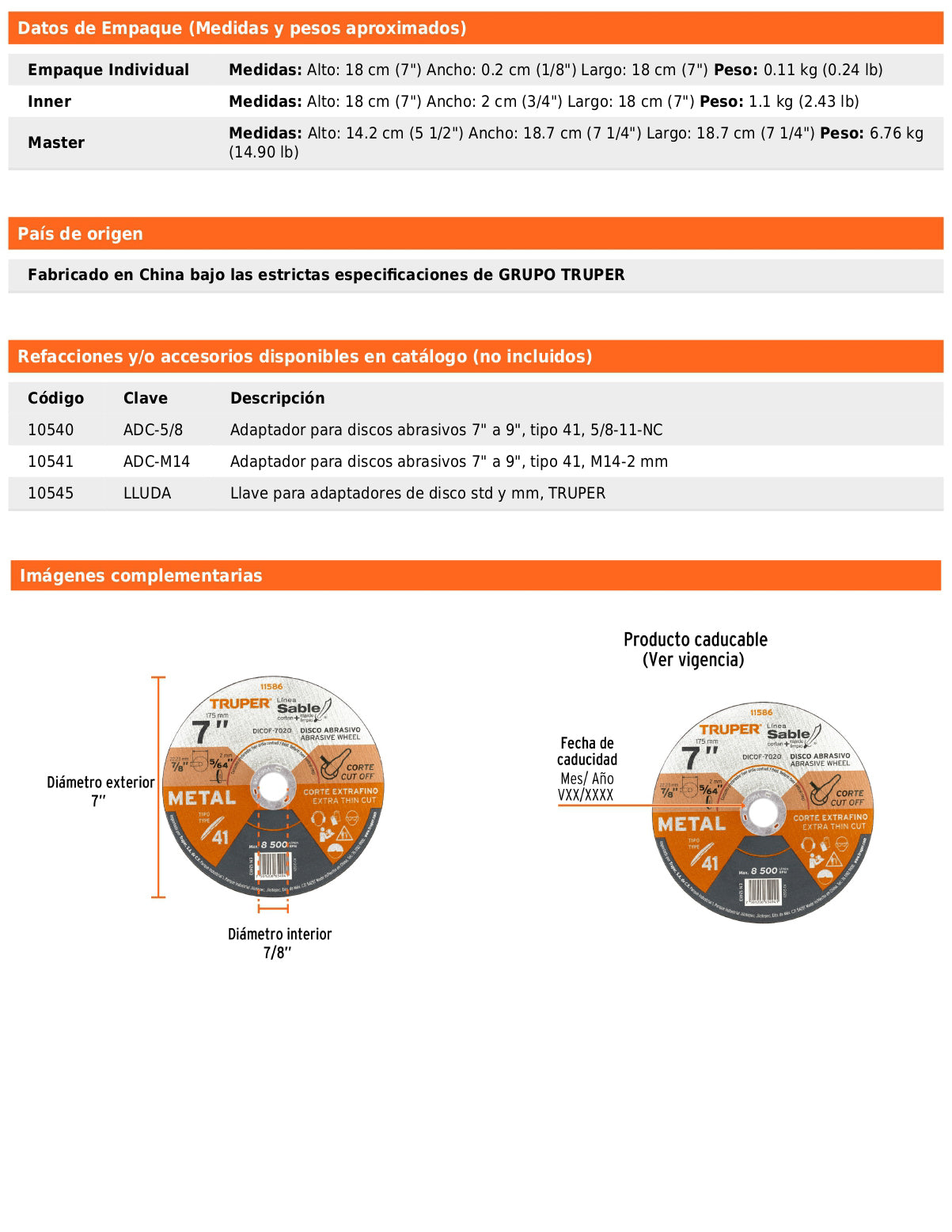 Disco Tipo 41 de 7 in para corte fino de metal