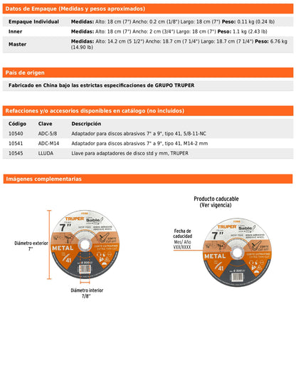 Disco Tipo 41 de 7 in para corte fino de metal