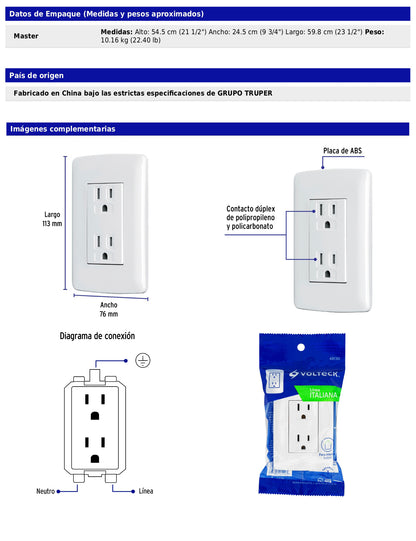 Contacto dúplex aterrizado de 127 V y 16 A con placa blanca
