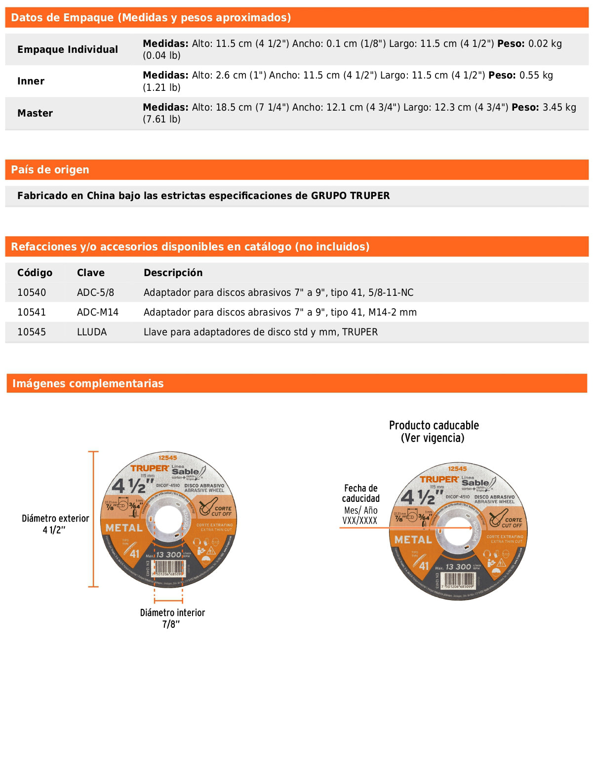 Disco Tipo 41 de 4 1/2 in para corte fino de metal