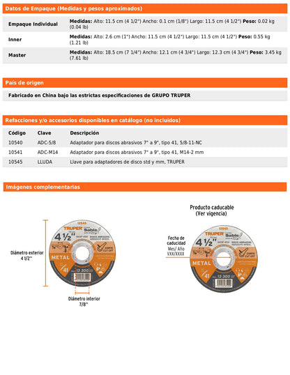 Disco Tipo 41 de 4 1/2 in para corte fino de metal