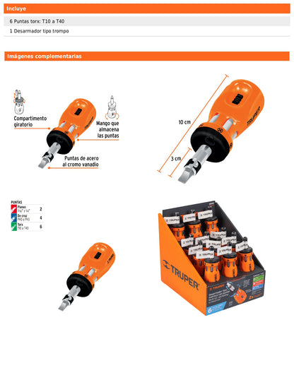 Desarmador tipo trompo con matraca y 6 puntas dobles