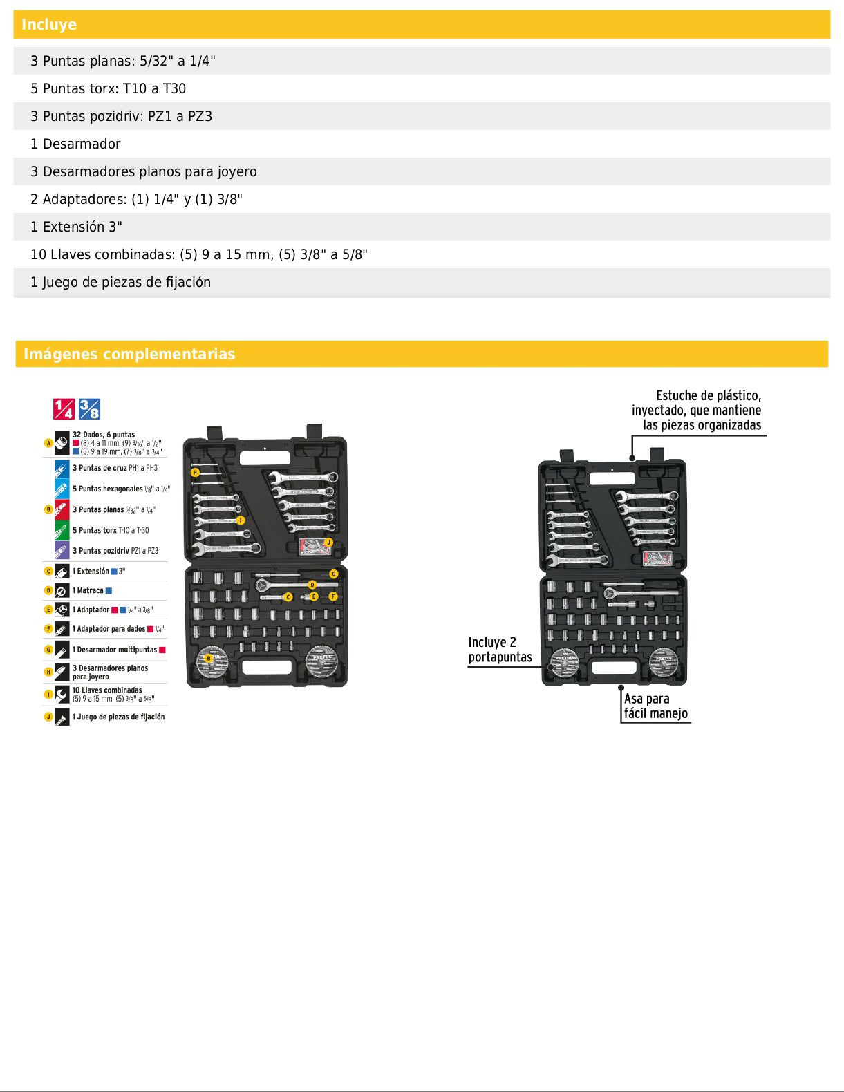 Juego de 71 herramientas mecánicas 1/4 y 3/8 en estuche plástico