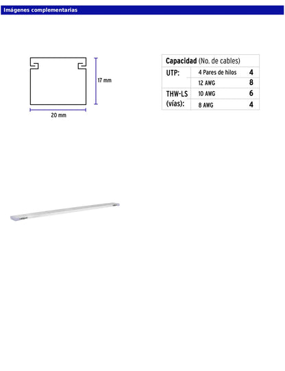 Canaleta de 1 vía de 17 × 20 mm con largo de 2 m