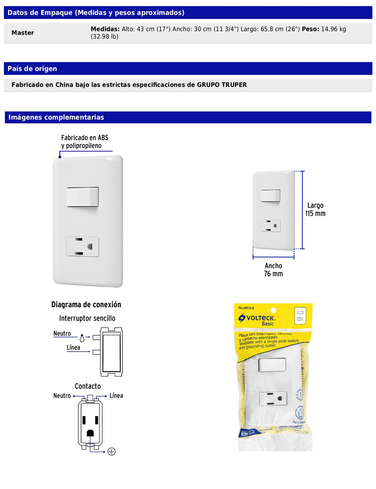 Placa armada con contacto e interruptor sencillo de línea Basic