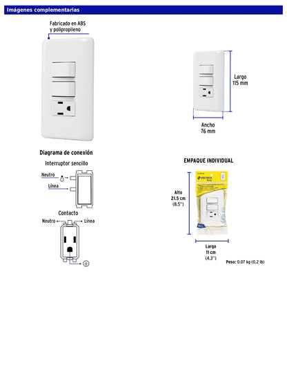 Placa armada con contacto y 2 interruptores sencillos de línea Basic