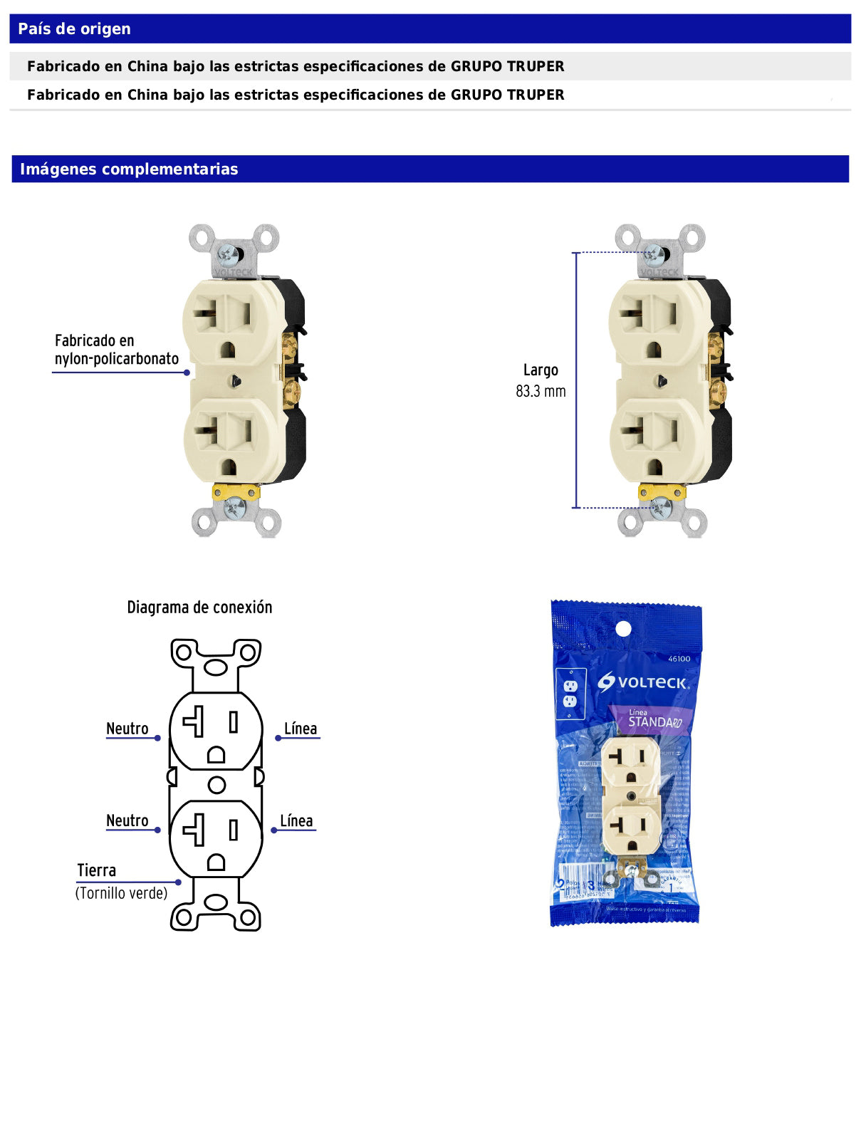 Contacto dúplex de 2 polos y 3 hilos de 20 A de línea Standard