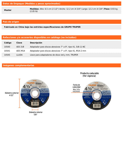 Disco Tipo 41 de 4 1/2 in para corte fino de acero inoxidable