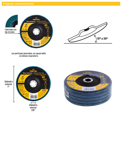 Disco laminado de 7" grano 60 con centro 7/8"
