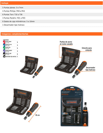Desarmador tipo matraca con 18 puntas y 6 dados