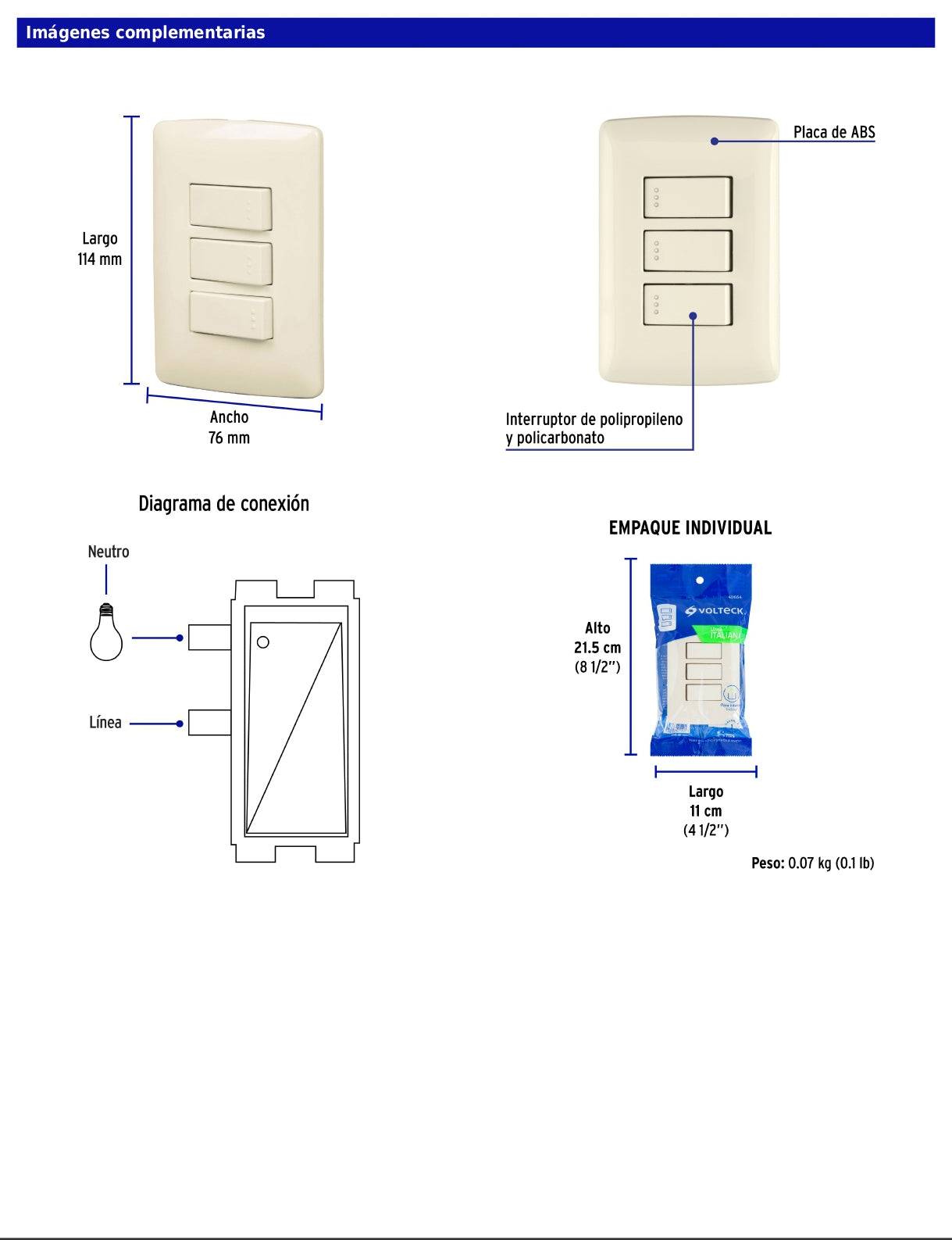 Placa armada con 3 interruptores sencillos de 125 V y 10 A con placa marfil