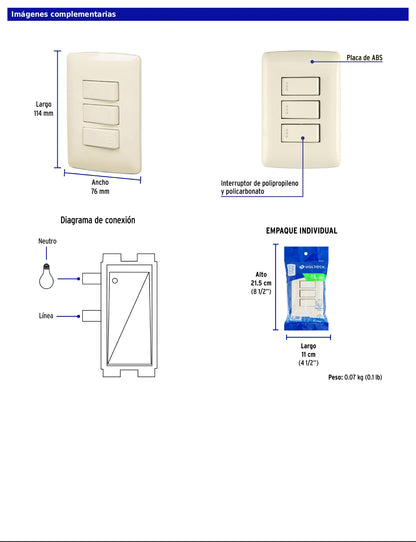 Placa armada con 3 interruptores sencillos de 125 V y 10 A con placa marfil