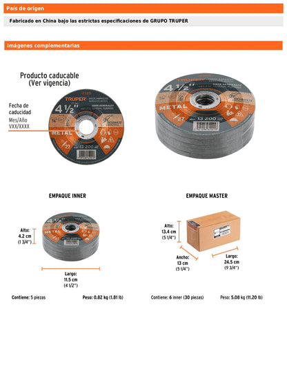 Disco Tipo 27 de 4 1/2 in para desbaste de metal