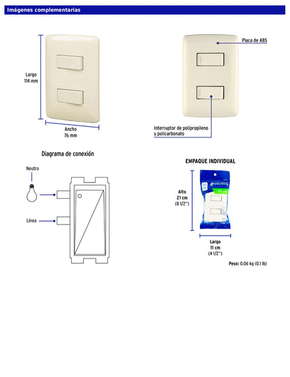 Placa armada de 2 interruptores sencillos con línea italiana