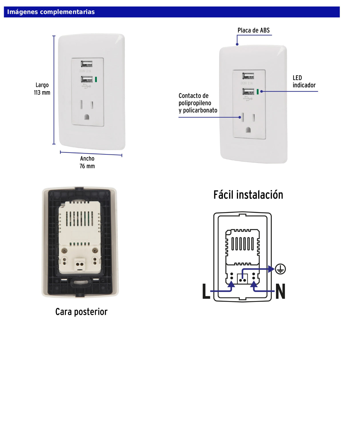 Contacto aterrizado de 127 V con 2 puertos USB y placa blanca