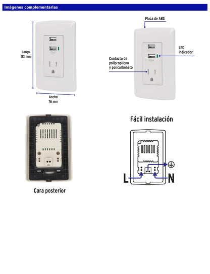 Contacto aterrizado de 127 V con 2 puertos USB y placa blanca