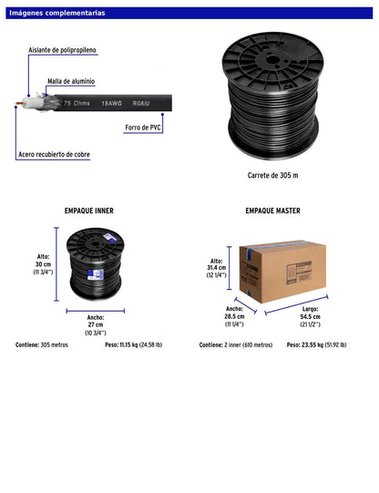 Metro de cable coaxial RG6 en carrete de 305 m