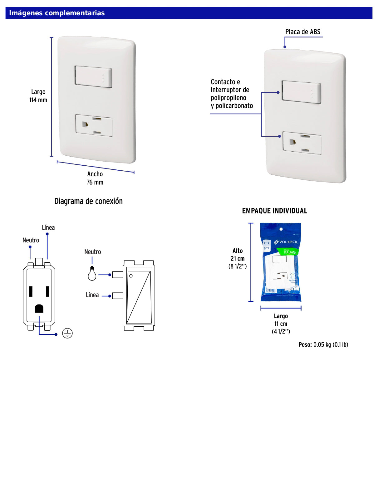 Placa armada con contacto e interruptor de 127 V y 16 A con placa blanca