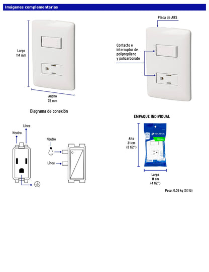 Placa armada con contacto e interruptor de 127 V y 16 A con placa blanca