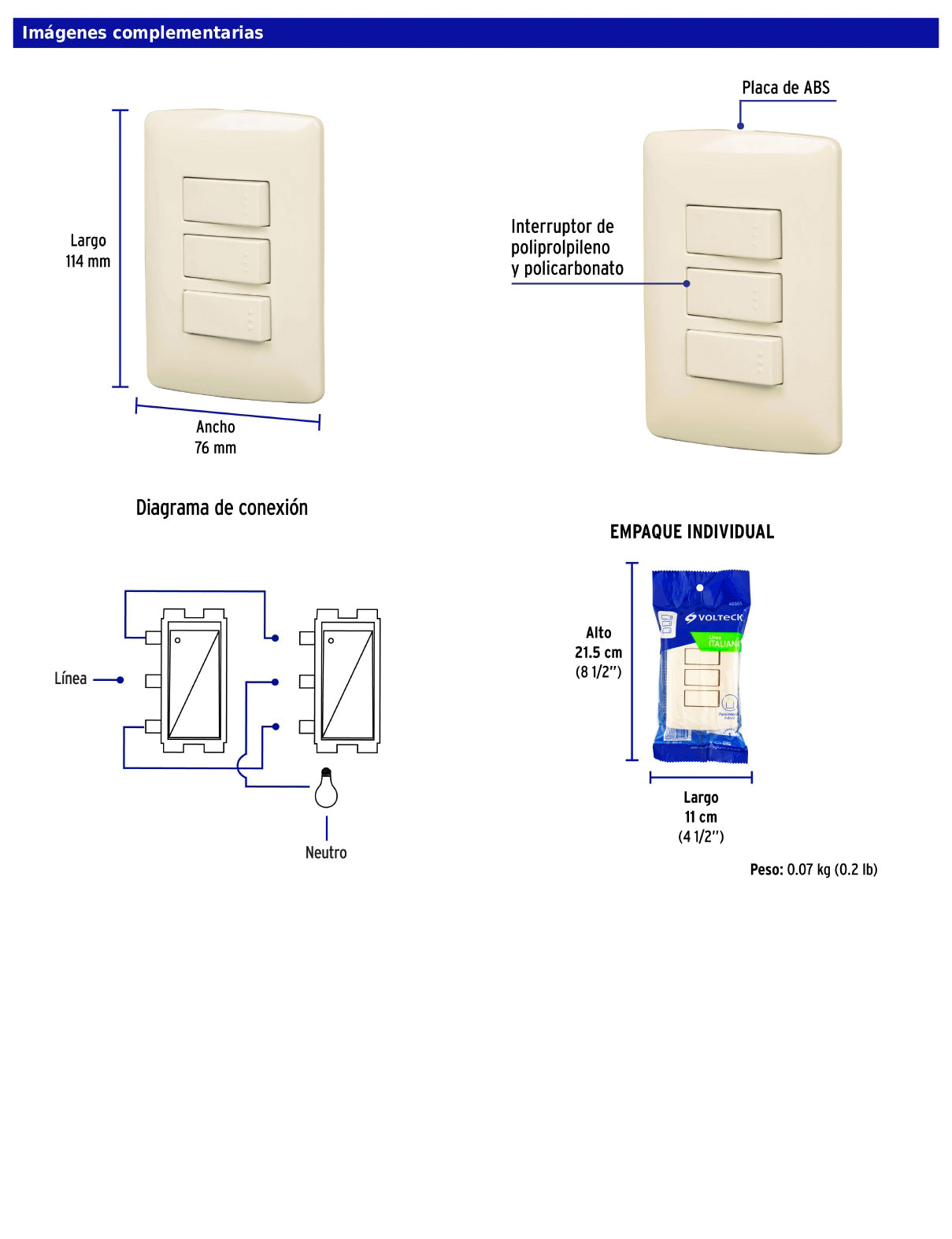 Placa armada con 2 interruptores sencillos y 1 interruptor de escalera de 125 V y 10 A con placa marfil