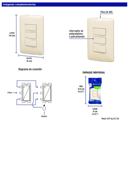 Placa armada con 2 interruptores sencillos y 1 interruptor de escalera de 125 V y 10 A con placa marfil